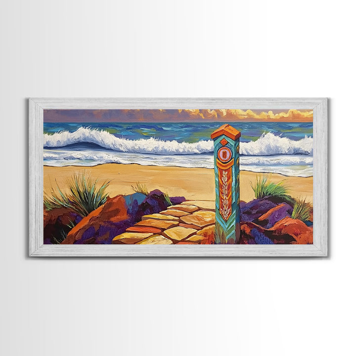 Beach Path, Waves, Nature, Ocean path with pillar, Framed Canvas Print, Coastal Decor, Vibrant Wall Art, Bathroom or Hallway Art