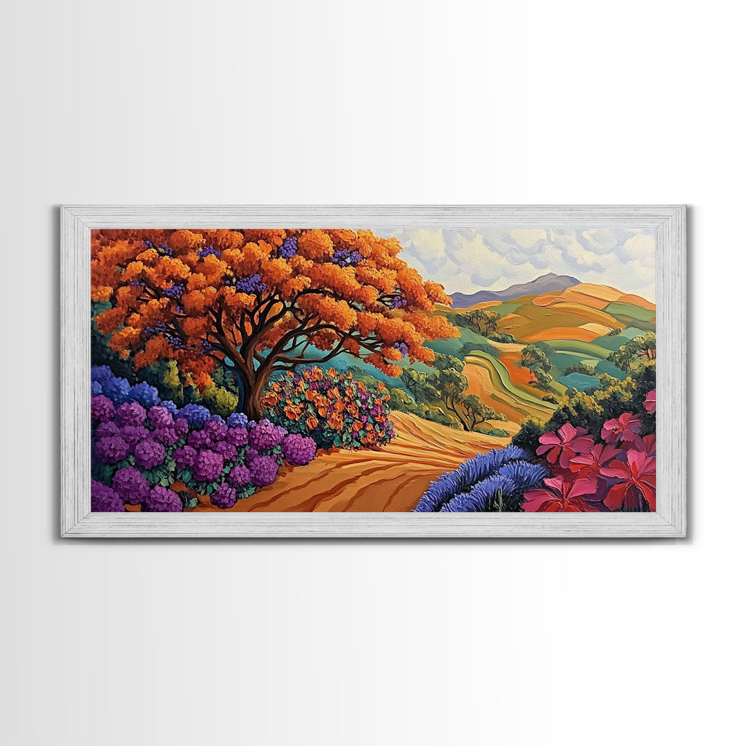 Tree Autumn, Hillside, Fields, Autumn hillside landscape, Framed Canvas Print, Fall Decor, Nature Inspired Wall Art, Living Room Art