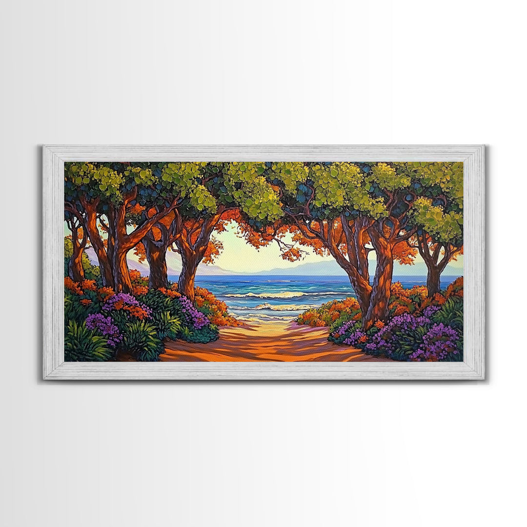 Beach Trees, Tunnel, Ocean, Sunset beach tunnel view, Framed Canvas Print, Coastal Boho Decor, Romantic Seaside Wall Art