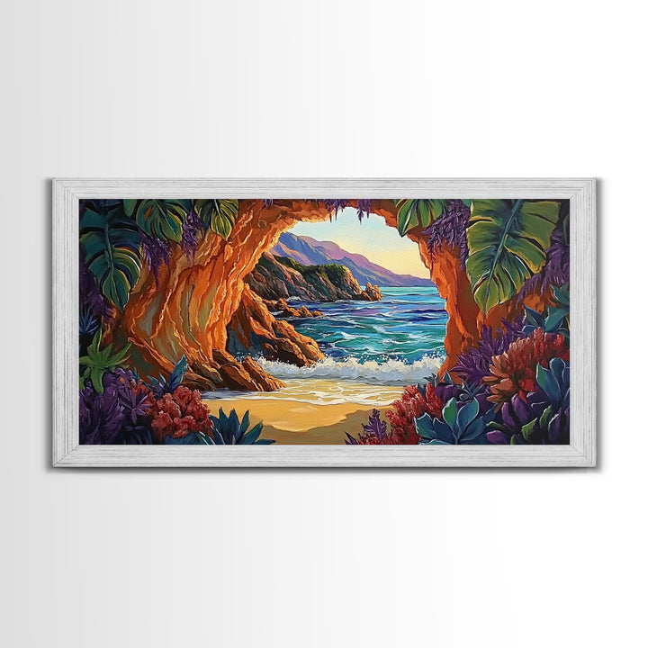 Cave, Beach, Jungle, Ocean, Canvas Print, Coastal jungle scene, tropical beach view, living room or entryway boho wall decor