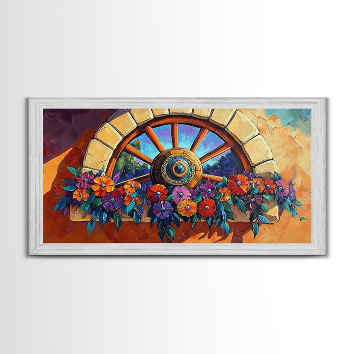 Rustic Floral, Window, Art, Framed Canvas, Print Mexican flower wagon wheel wall art, vibrant southwestern decor, boho patio print