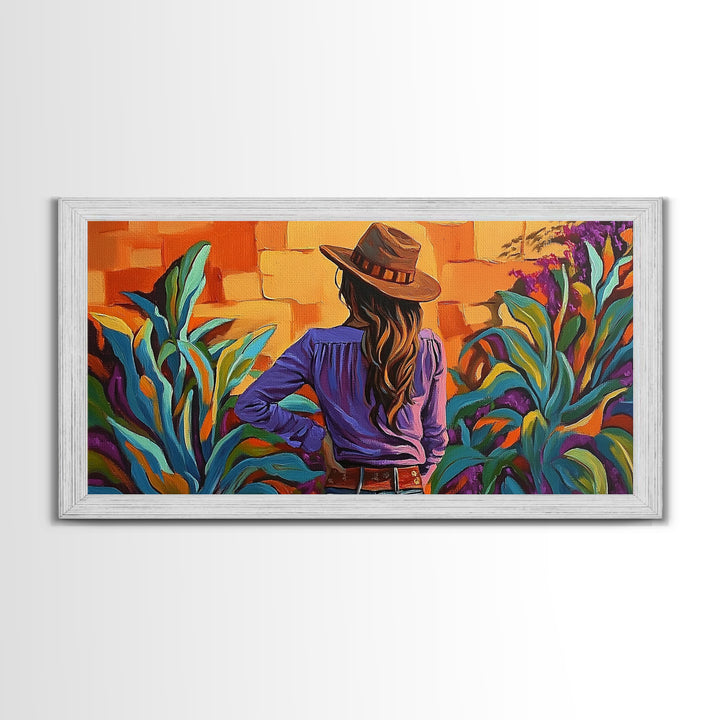 Cowgirl Desert, Vibes, Art, Framed Canvas Print, Western woman cactus wall art, rustic country home decor, southwestern living room