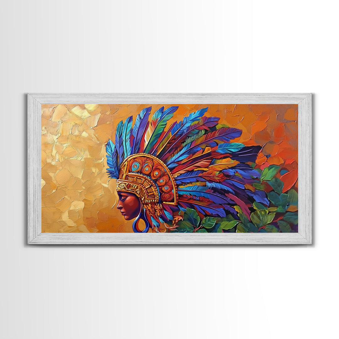 Aztec Warrior, Headpiece, Art, Framed Canvas Print, Indigenous feather headdress wall decor, bold bohemian accent, office statement