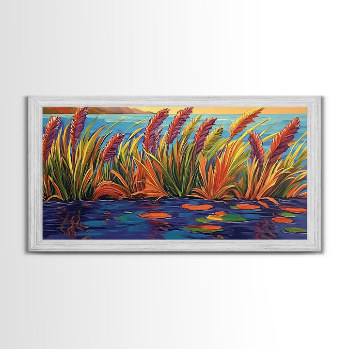 Autumn Lakeside, Grasses, Art, Framed Canvas Print, Fall coastal reed painting, rustic harvest decor, nature print, living room wall