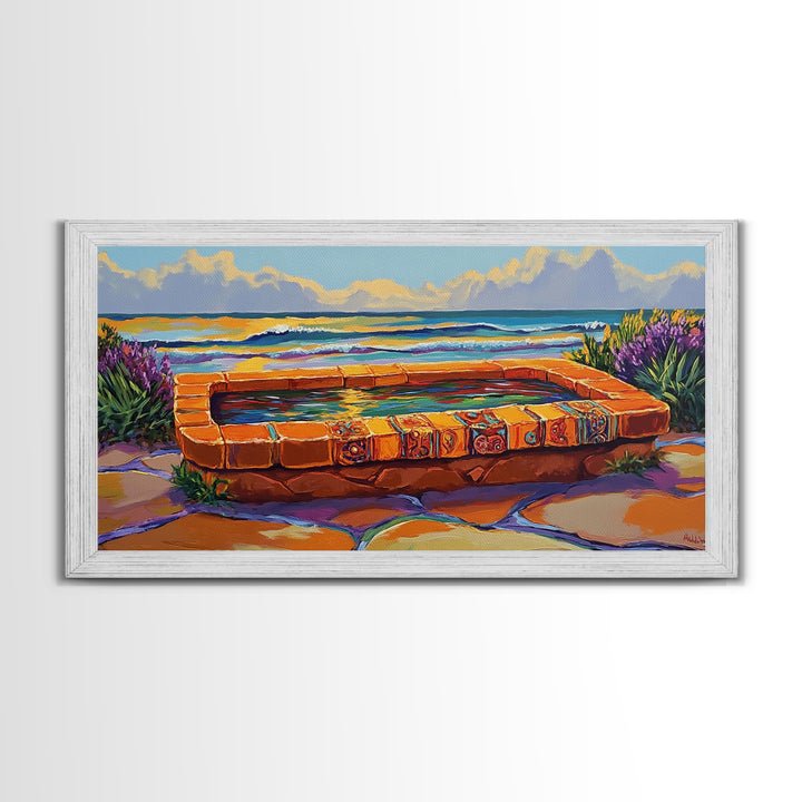 Ocean Terrace, Bath, Scene, Framed Canvas Print Mexican tile spa ocean view, tropical coastal wall art, vibrant bathroom or garden print