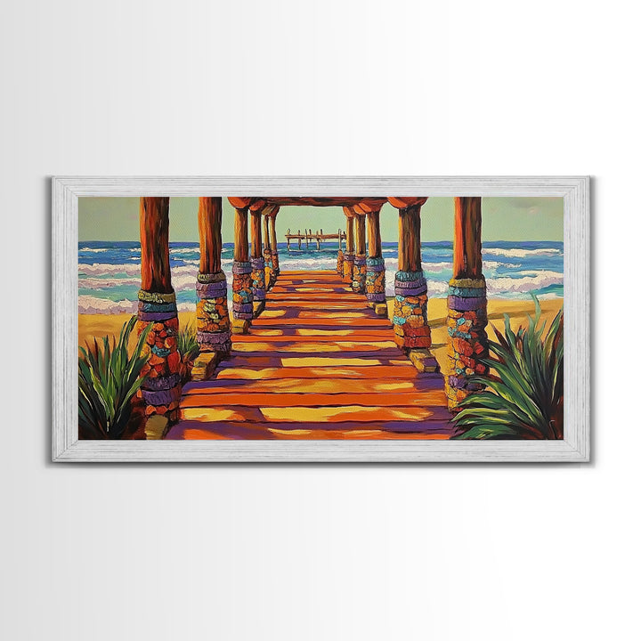 Pier Beach, Sunset, Vibrant, Canvas Print tropical coastal wall art, beach hallway decor, ocean waves painting, summer home artwork