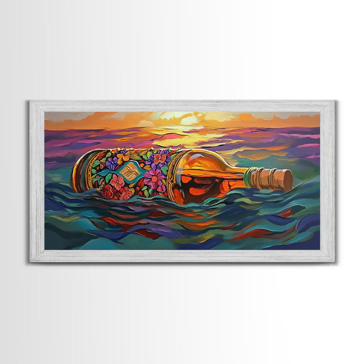 Bottle Ocean, Sunset, Flowers, Framed Canvas Print tropical beach bathroom decor, coastal boho wall art, floral message bottle painting