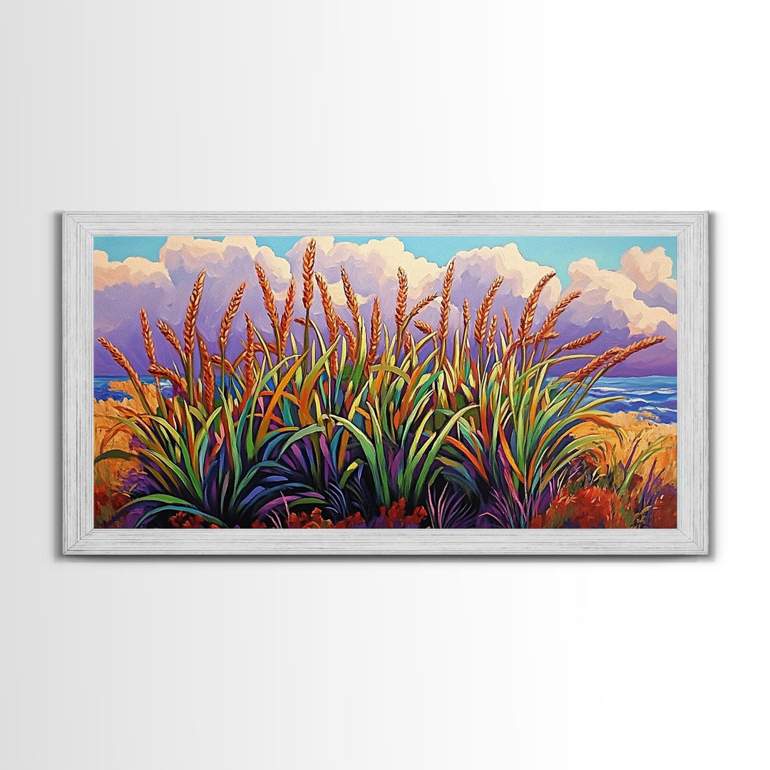 Wheat Grasses, Coastal, Sunrise, Canvas Print rustic boho kitchen wall art, country field beach decor, nature inspired autumn artwork