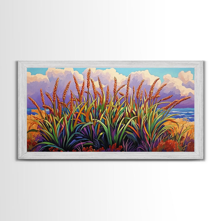 Wheat Grasses, Coastal, Sunrise, Canvas Print rustic boho kitchen wall art, country field beach decor, nature inspired autumn artwork