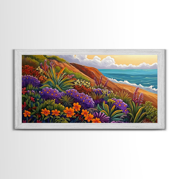 Coastal Floral, Landscape Painting, Canvas Print, vibrant beach flowers, ocean view wall decor, boho style Living Room Wall Art