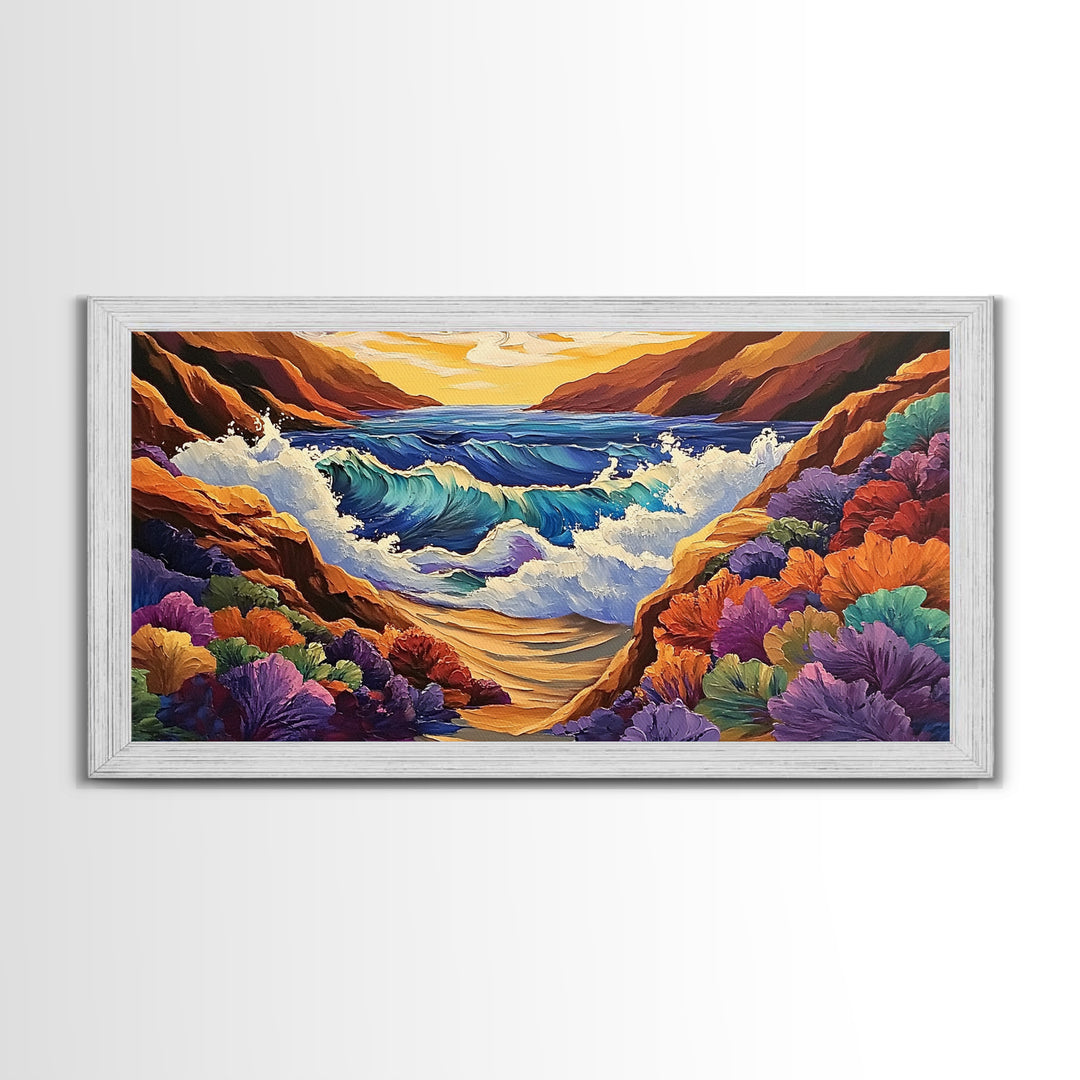 Ocean Sunset, Wave Splash, Framed Canvas Print, colorful crashing waves, rocky coast wall decor, Beach House Wall painting