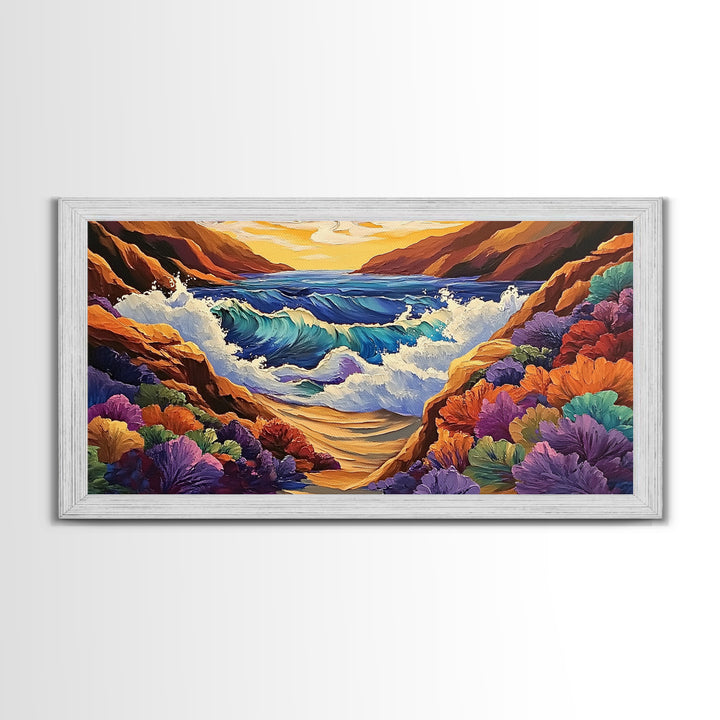 Ocean Sunset, Wave Splash, Framed Canvas Print, colorful crashing waves, rocky coast wall decor, Beach House Wall painting