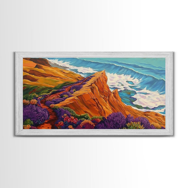 Cliff Flowers, Ocean Horizon, Framed Canvas Print, bold floral bluff, coastline scene, vibrant scenic Kitchen Wall Art, boho decor