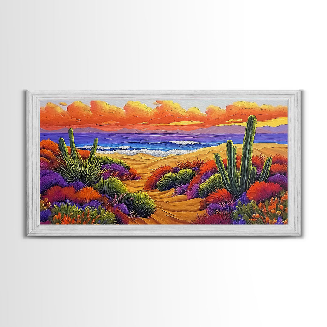 Cactus Sunset, Desert Painting, Framed Canvas Print, vibrant desert coastline, colorful flora, boho ar,t Southwest Style Entryway