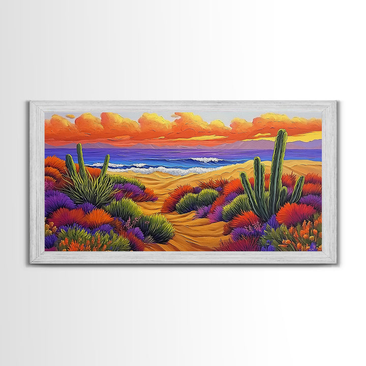 Cactus Sunset, Desert Painting, Framed Canvas Print, vibrant desert coastline, colorful flora, boho ar,t Southwest Style Entryway