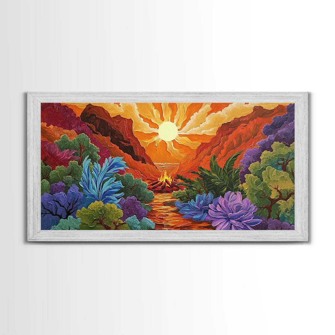 Campfire Valley, Sunset, Vivid Sky, bright forest Canvas Print, fall nature decor, bold boho fire painting, cozy cabin wall art