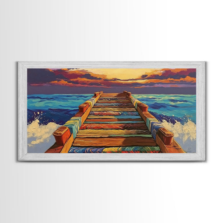 Ocean Pier, Sunset Seascape, Beach House Art, Rustic Dock, Nautical Wall Art, Colorful Painting, Coastal Landscape, Canvas Print