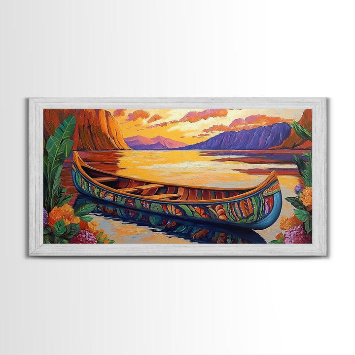 Canoe Tropical, Sunset Reflections, Serene Waters, exotic island Framed Canvas Print, tranquil boho decor, lakehouse wall art