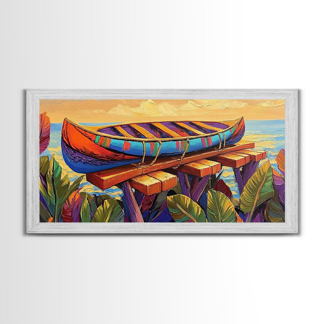 Canoe Dock, Ocean, Bold Palette, vibrant tropical Canvas Print, nautical boho art, playful beach house wall decor, summer vibes