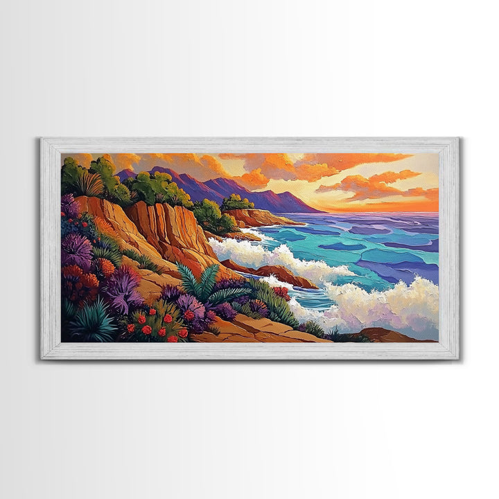 Ocean Cliffside, Sunset, View, Framed Canvas Print vibrant coastal nature artwork Living Room Wall Art beach house boho wall decor