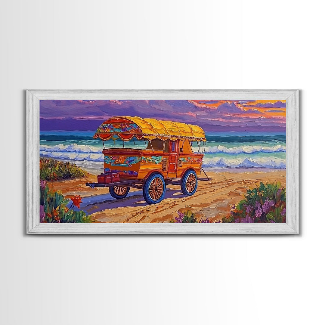 Beach Wagon, Sunset, Nostalgia, Canvas Print vintage coastal travel art Living Room Wall Art boho beach scene summer home vibe