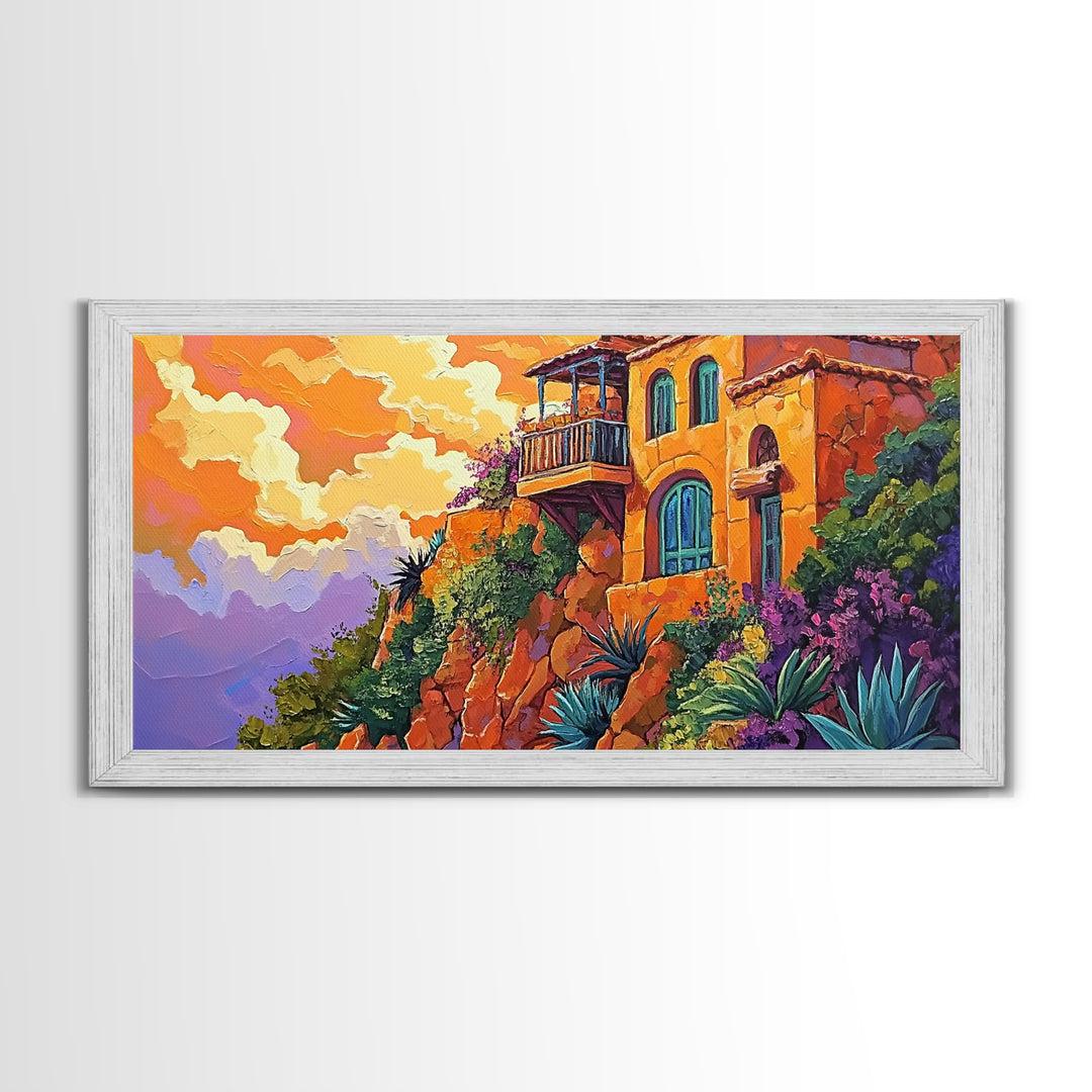 Cliffside House, Sunset, View, Desert boho mountain house, colorful Canvas Print, living room wall art, dramatic sky landscape painting
