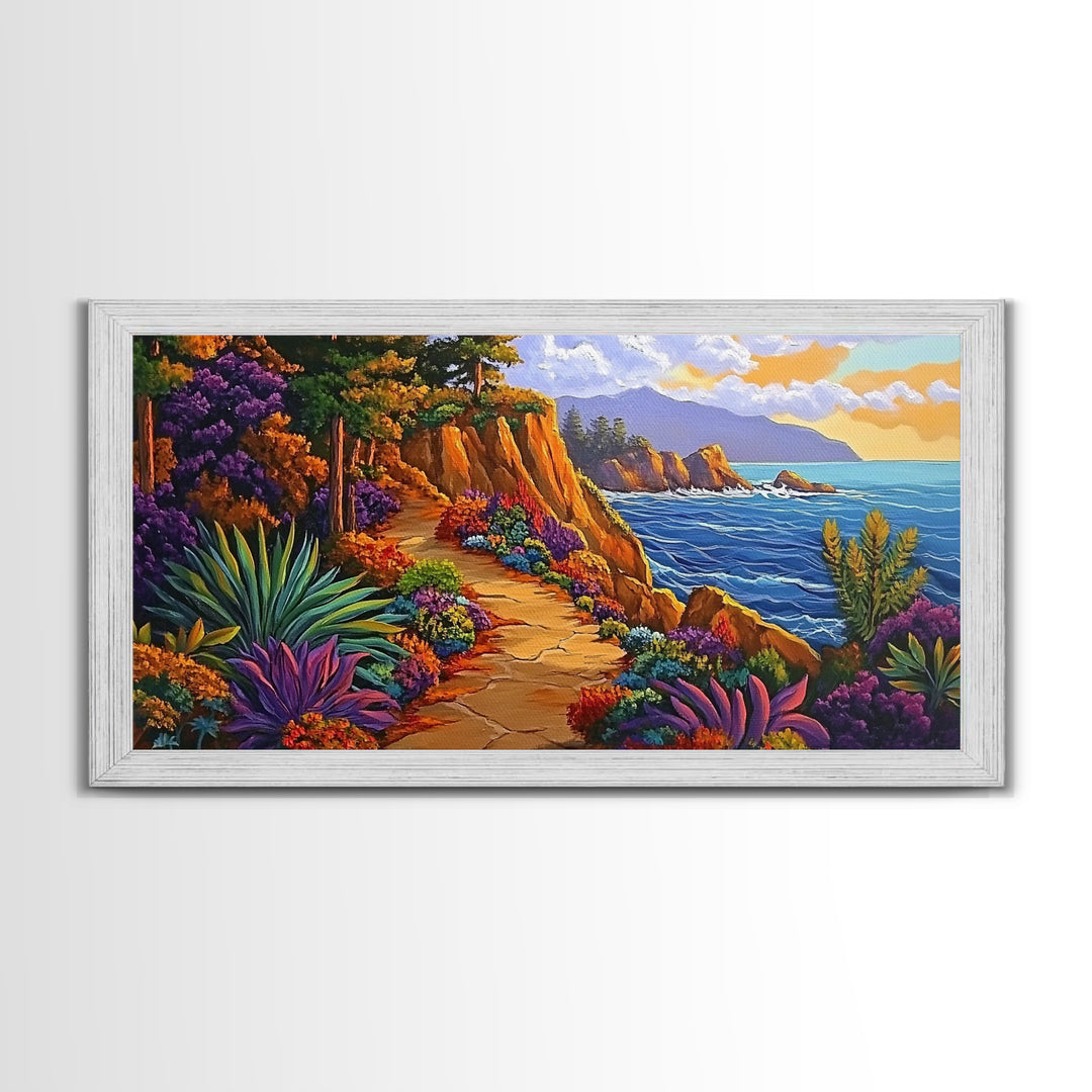 Pathway Ocean, Flowers, Escape, Coastal trail wall art, vibrant Canvas Print, bedroom nature painting, colorful California coast style
