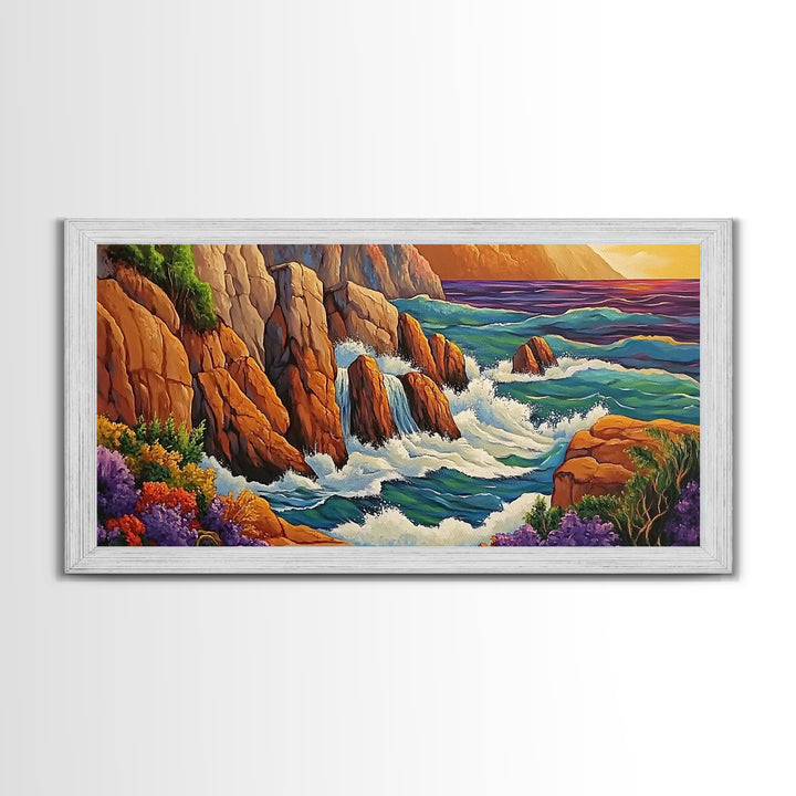 Rocks Waves, Sea, Energy, Dramatic cliff seascape Canvas Print, living room wall art, bold ocean decor, coastal energy painting