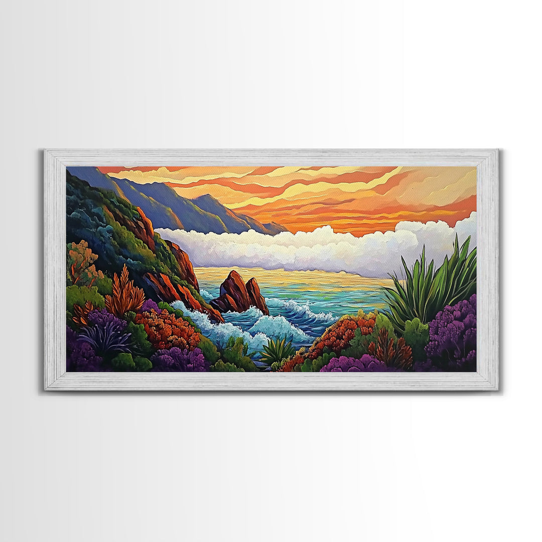 Ocean Sunset, Hills, Tropical, Serene beach Canvas Print, tropical landscape wall art, calming sunset painting, living room boho decor