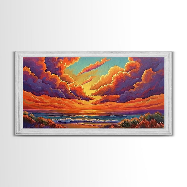Sunset Ocean, Sky, Framed Canvas Print, Vibrant sunset ocean wall decor, clouds seascape painting, Living Room Wall Art, boho art