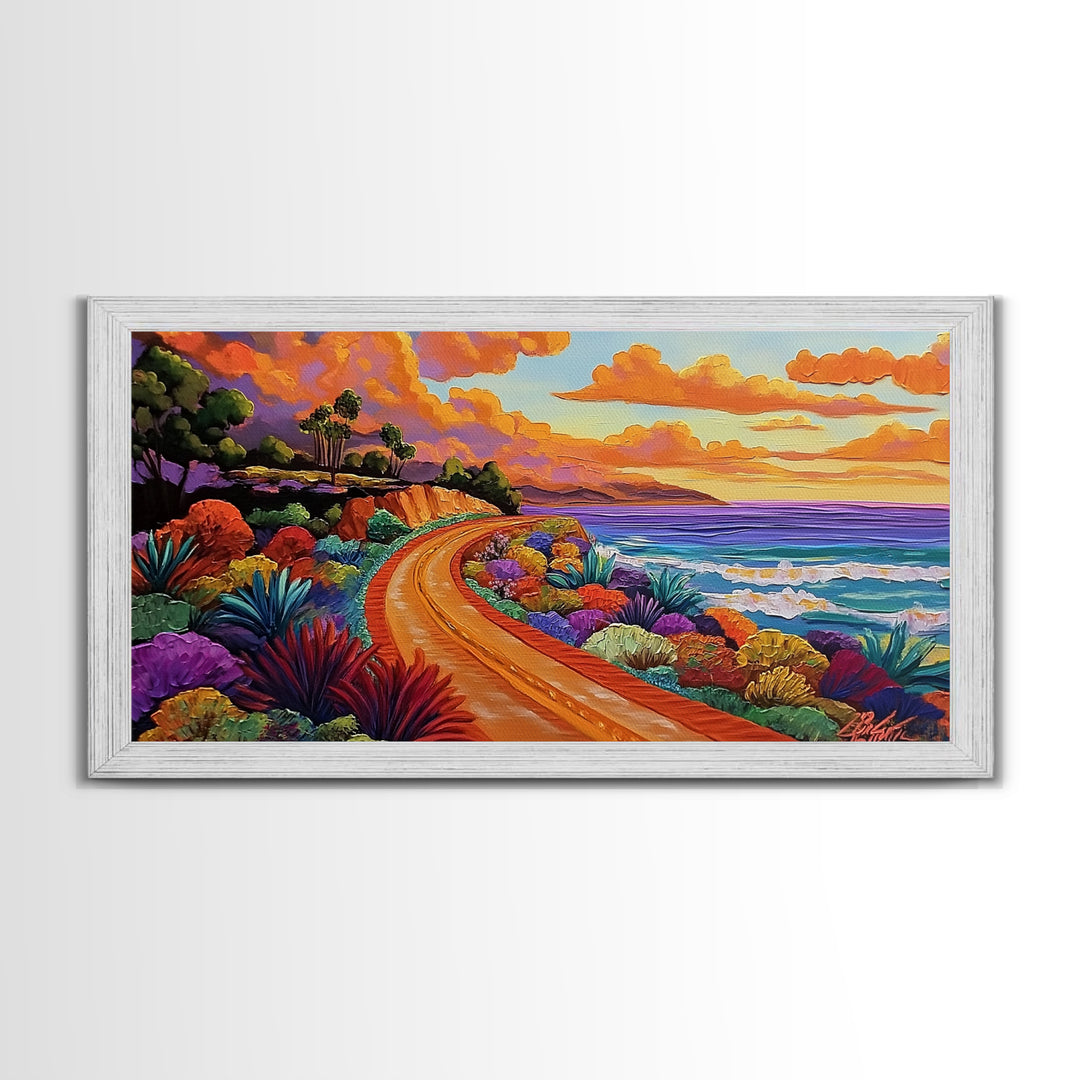 Coastal Train, Sunset, Framed Canvas Print, Vibrant coastal sunset railway painting, Colorful beachscape boho art, Hallway Wall Art