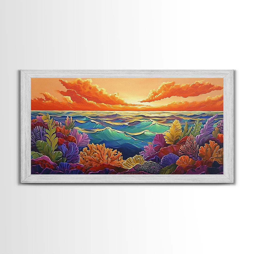 Coral Ocean, Sunset, Framed Canvas Print, Underwater coral reef at sunset painting, Ocean lover gift idea, Coastal Spa Wall Art