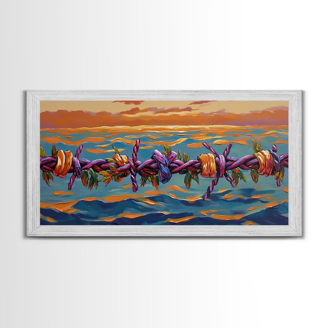 Barbed Sunset, Ocean, Framed Canvas Print, Symbolic Ocean Barbed Wire Art, Modern Sunset Expressionist Decor, Unique Office Wall Art