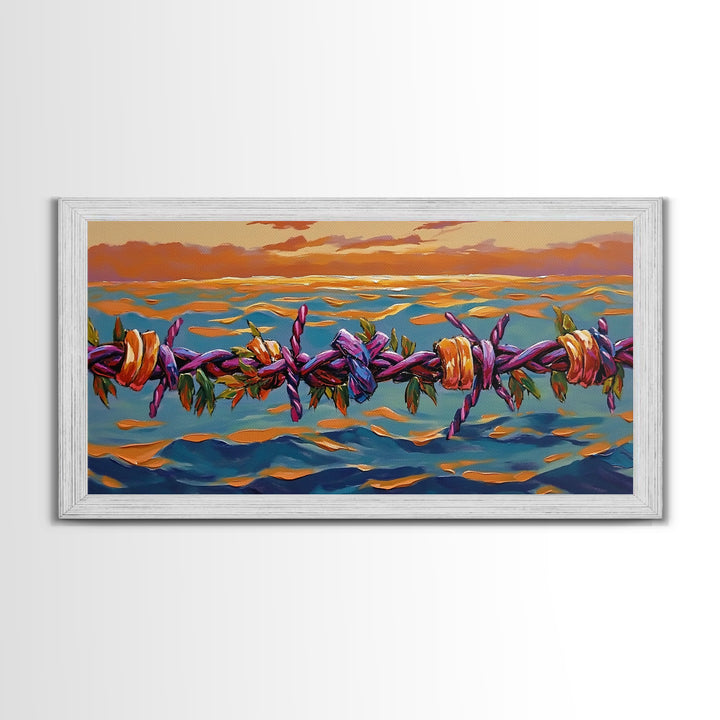 Barbed Sunset, Ocean, Framed Canvas Print, Symbolic Ocean Barbed Wire Art, Modern Sunset Expressionist Decor, Unique Office Wall Art