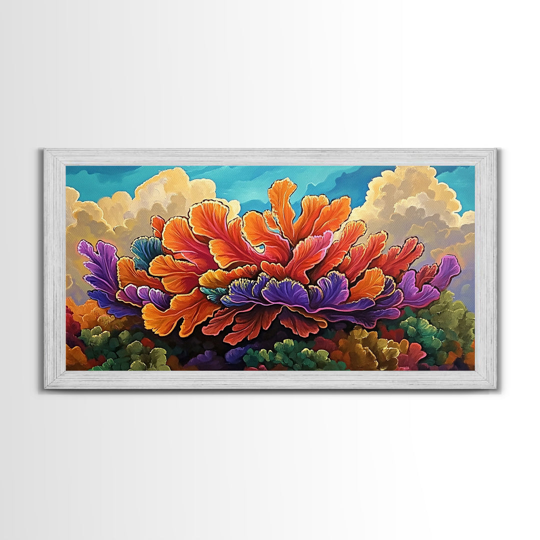 Coral Bloom, Ocean, Framed Canvas Print, Abstract blooming coral reef under dreamy sky painting, Modern Coastal Decor, Bedroom Wall Art