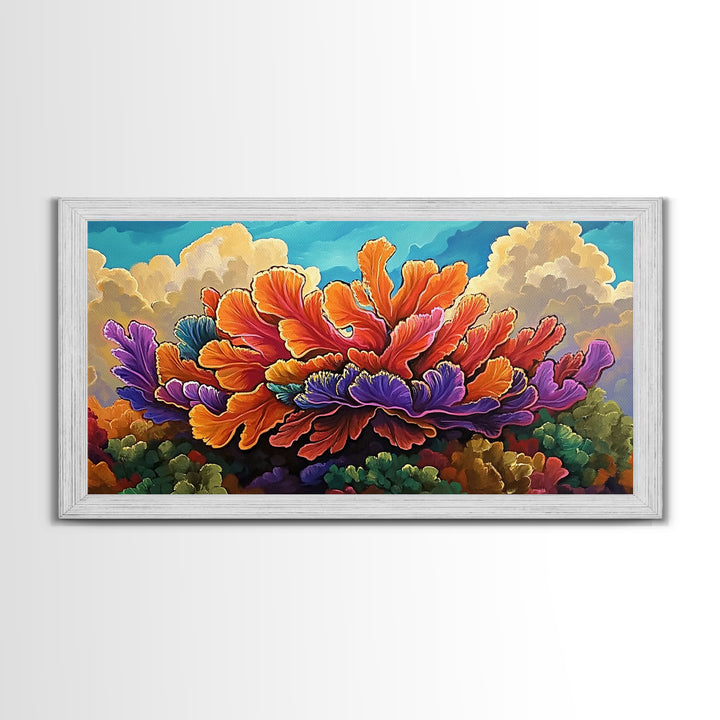 Coral Bloom, Ocean, Framed Canvas Print, Abstract blooming coral reef under dreamy sky painting, Modern Coastal Decor, Bedroom Wall Art