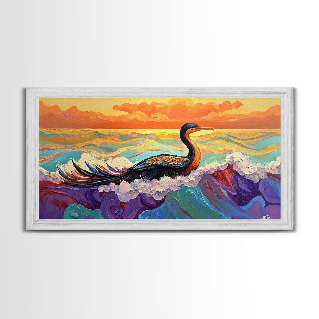 Ocean Bird, Sunset, Framed Canvas Print, Vibrant seabird in waves sunset seascape painting, Colorful Coastal Decor, Bathroom Wall Art