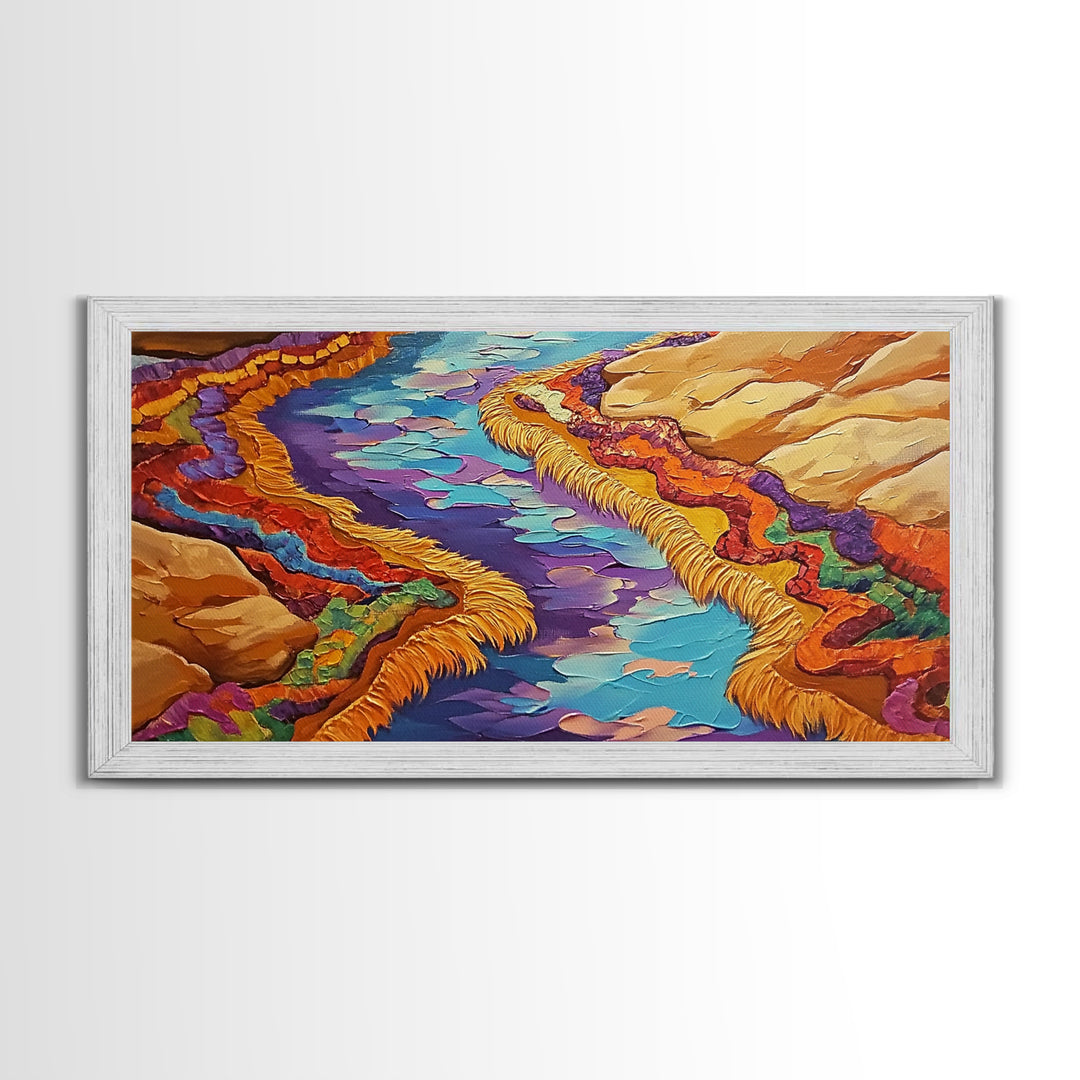 River Abstract, Color, Framed Canvas Print, Textured abstract river canyon painting, Desert Vibe Landscape Art, Hallway Wall Art