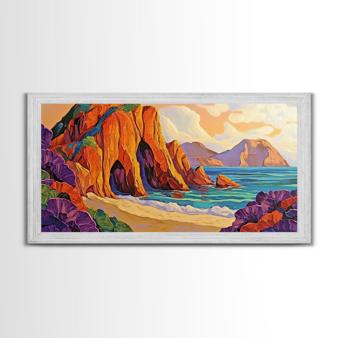 Cliffs Beach, Ocean, Framed Canvas Print, Bold textured coastal cliffs and ocean view painting, Vibrant Summer Decor, Kitchen Wall Art
