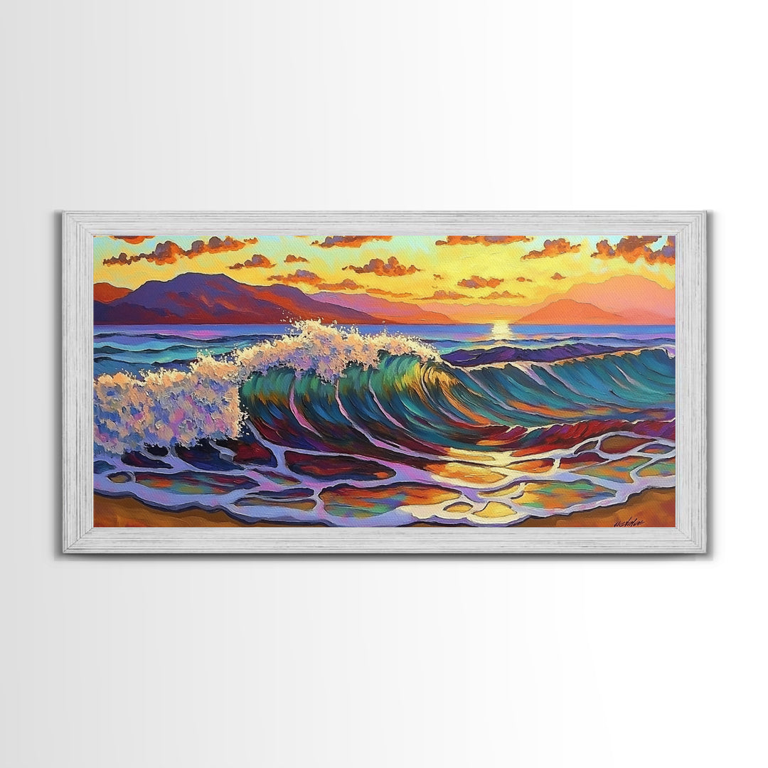 Waves Surf, Sunset, Framed Canvas Print, Colorful crashing wave with glowing sunset sky, Coastal Surfer Decor, Beach House Wall Art