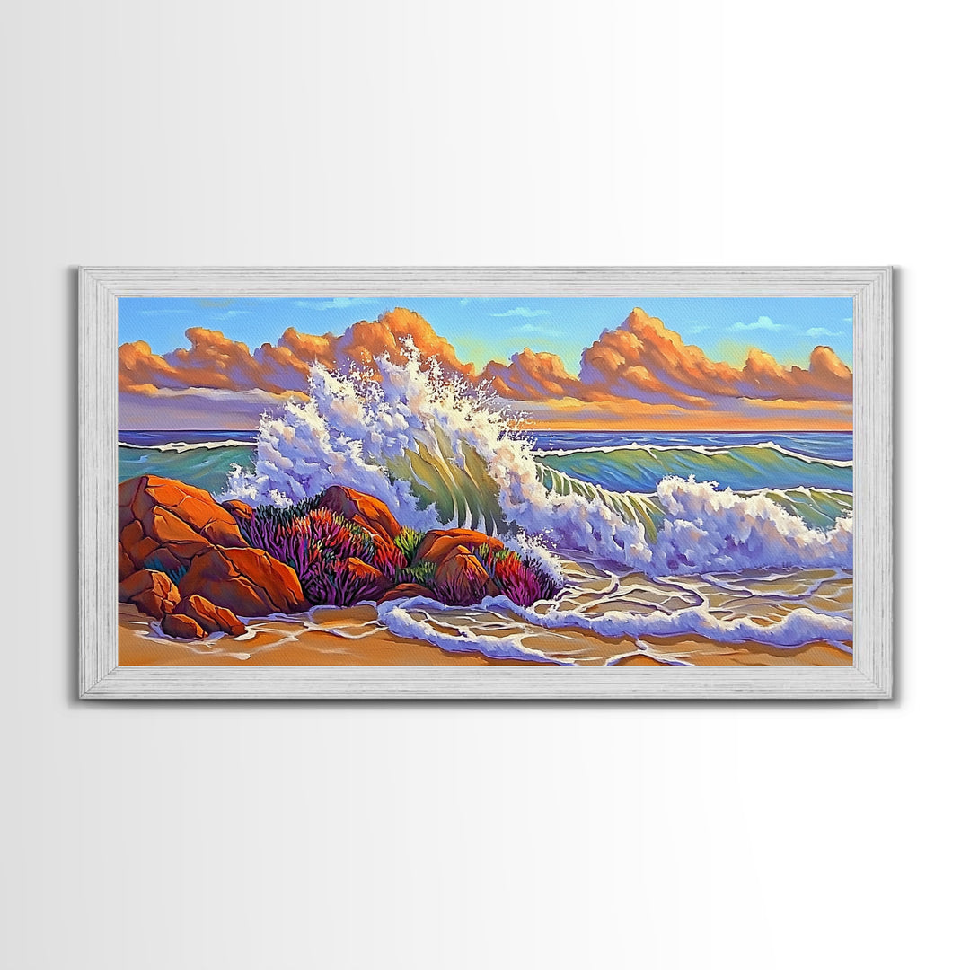 Rocks Waves, Sky, Framed Canvas Print, Majestic ocean wave crashing on rocks under golden clouds, Tropical Seascape, Coastal Living Room