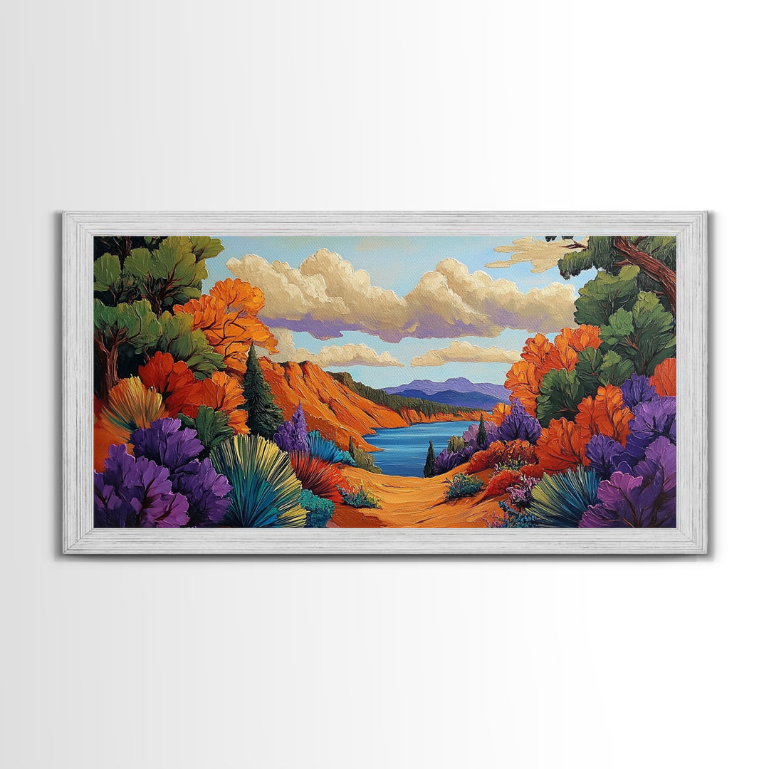 Autumn Lake, Path, Framed Canvas Print, Vibrant Fall forest trail leading to lake painting, Cozy Cabin Decor, Autumn Entryway Art