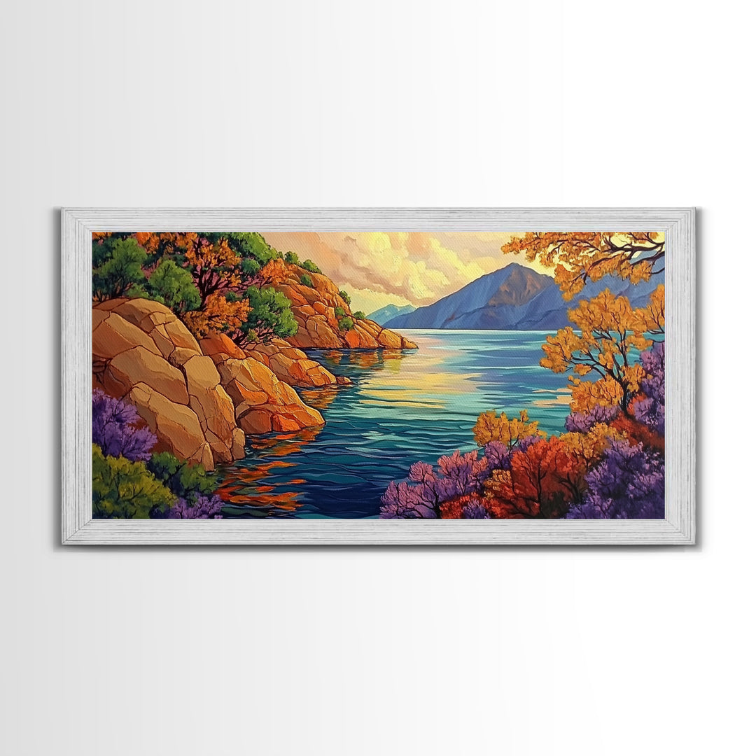 Mountain Lake, Trees, Reflection, Canvas Print with vivid autumn landscape painting, living room wall art, boho nature decor