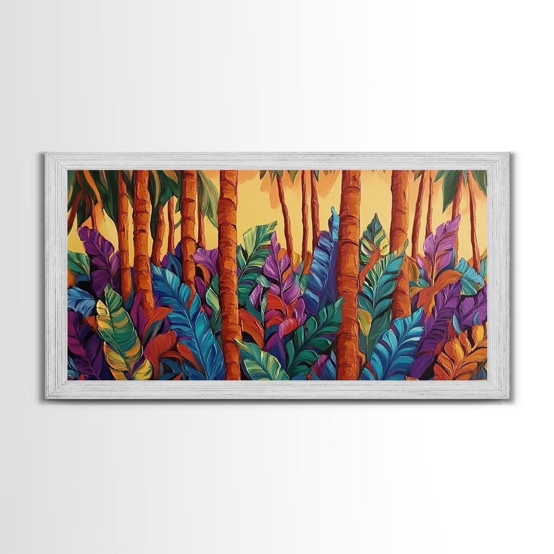 Jungle Leaves, Palms, Tropical, Framed Canvas Print, vibrant rainforest botanical wall art, boho plant decor, entryway art