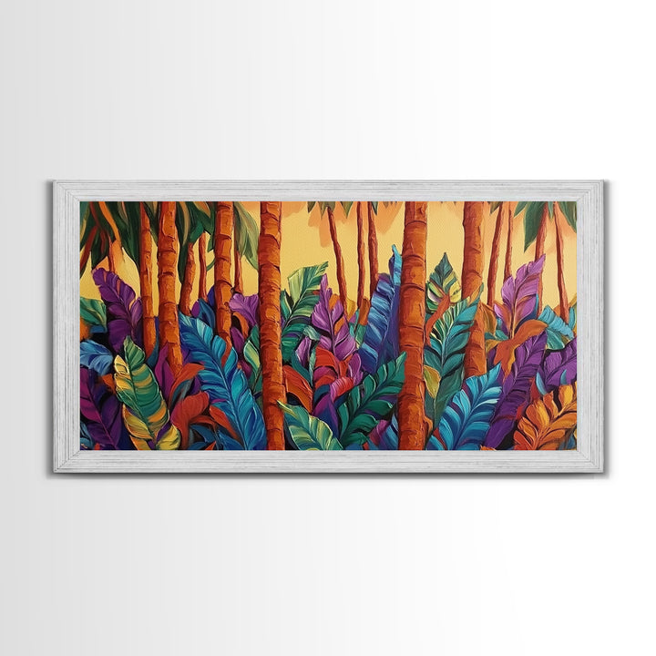 Jungle Leaves, Palms, Tropical, Framed Canvas Print, vibrant rainforest botanical wall art, boho plant decor, entryway art