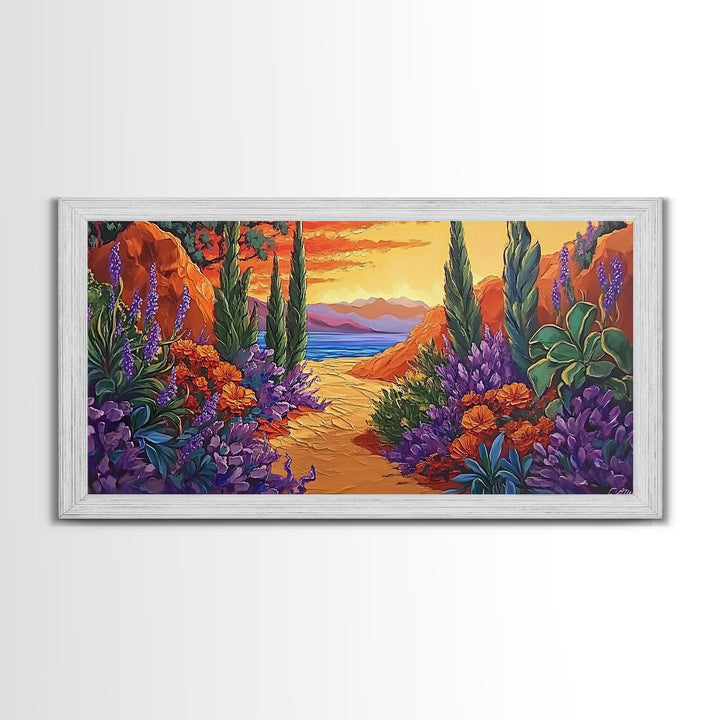 Pathway Sunset, Garden, Ocean, Canvas Print, vivid coastal floral scene, entryway decor, sunset wall art, summer vibes painting