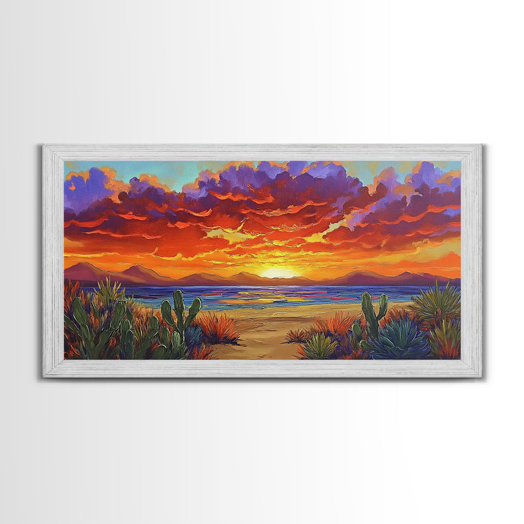 Sunset Beach, Desert, Cactus, Framed Canvas Print, vivid sunset desert beach scene, boho coastal decor, southwestern wall art