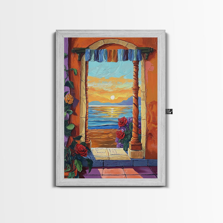 Doorway Sunset, Ocean, Romance, Canvas Print, Mediterranean seascape art, boho romantic wall decor, warm tones, Bedroom or Dining Room