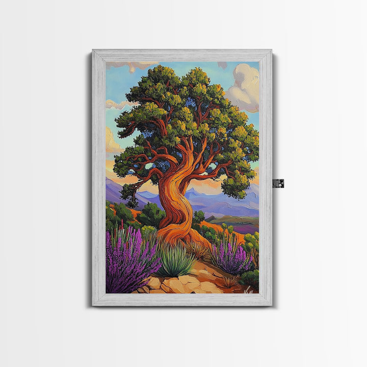 Tree Landscape, Nature, Autumn, Framed Canvas Print twisted pine tree painting, desert sunset landscape, nature wall decor, rustic boho art