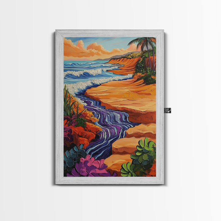 Beach Cliff, Waterfall, Sunset, Canvas Print bold beachside cliff art, ocean waterfall wall decor, coastal boho painting, living room print